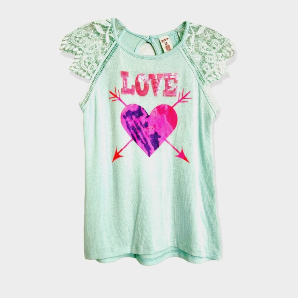Arizona Jean Jr Girls Large Laced Cap Sleeves Sequin Love Aqua Green Top | 3/15